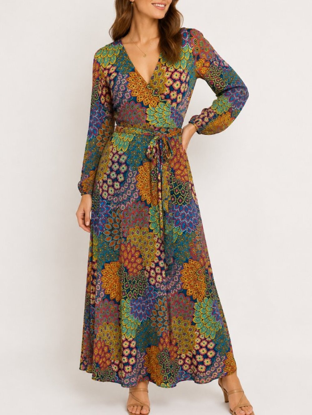 Harlow & Rose Women's Colorful Boho Faux Wrap Maxi Dress - Size Medium
